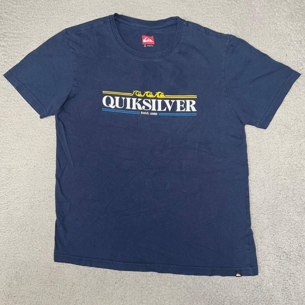 Quiksilver Estd. 1969 T Shirt Men's Sz S Navy Blue Spell Out Logo Crew Neck Tee